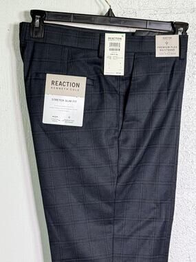 Kenneth Cole Reaction Men's Slim-Fit Stretch Check Dress Pant Charcoal 34x34 $95